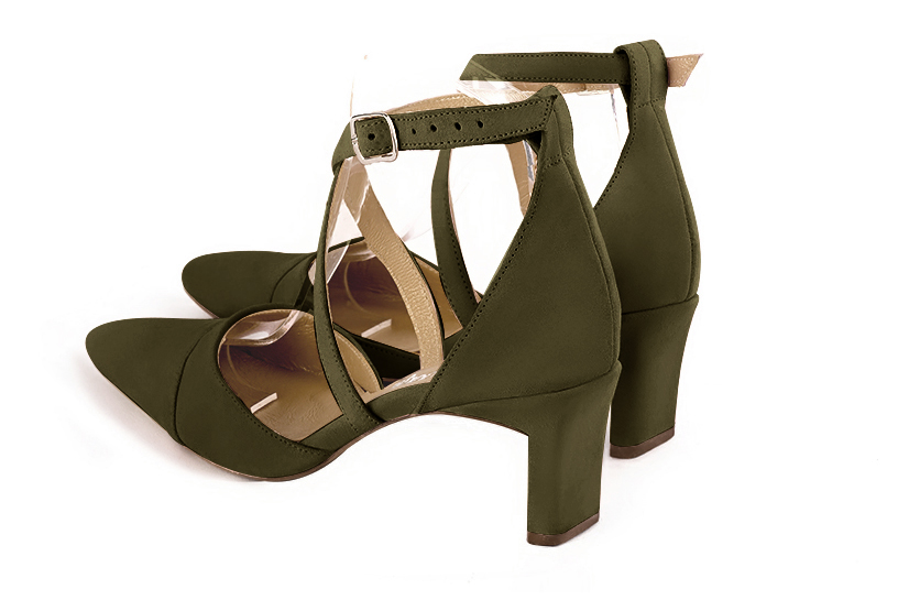 Khaki green women's open side shoes, with crossed straps. Tapered toe. Medium comma heels. Rear view - Florence KOOIJMAN